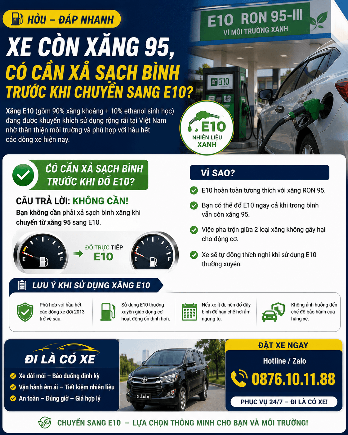 Xe còn xăng 95, có cần xả sạch bình trước khi chuyển sang E10?